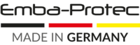 Logo Emba-Protec, Made in Germany Logo von Emba-Protec mit dem Schriftzug ‚MADE IN GERMANY‘ und einem Balken in den Farben der deutschen Flagge: Schwarz, Rot und Gelb.